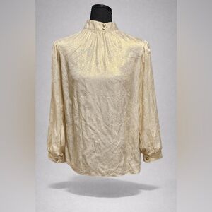 Gold Metallic Blouse Womens Large High Neck Long Sleeve Shimmer Top Unbranded